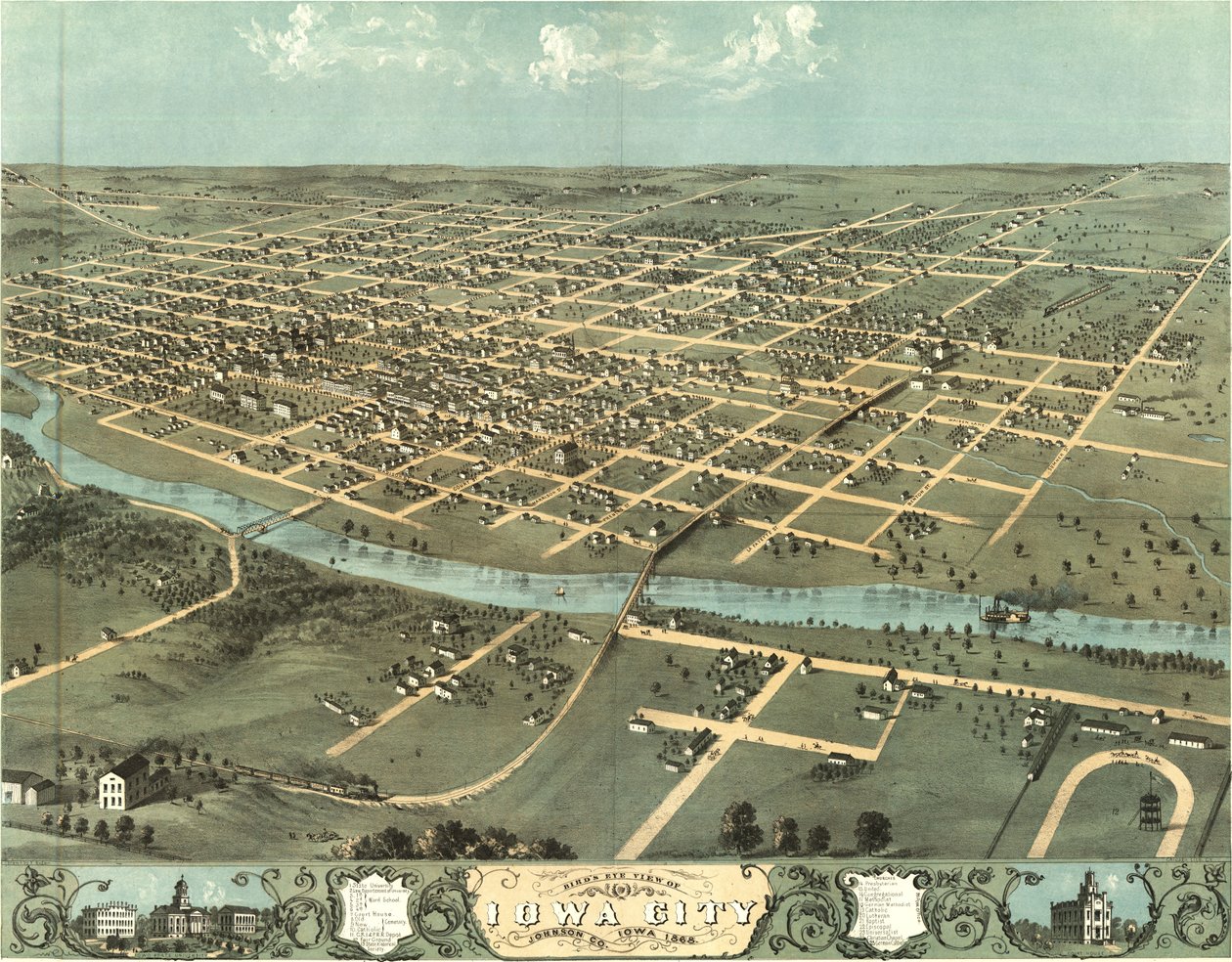 Uma visão birdseye de Iowa City, Iowa, em 1868 de Albert Ruger
