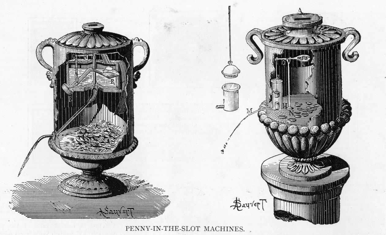 Antigas e modernas máquinas de vending (penny-in-the-slot), 1893 de Albert Sauvert
