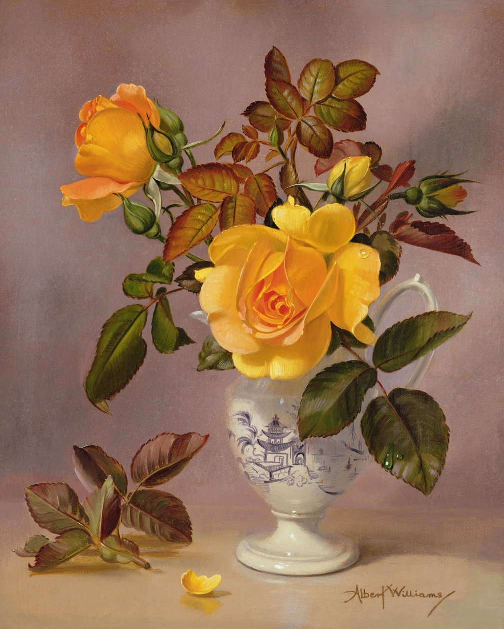 Rosas laranja em um jarro azul e branco de Albert Williams