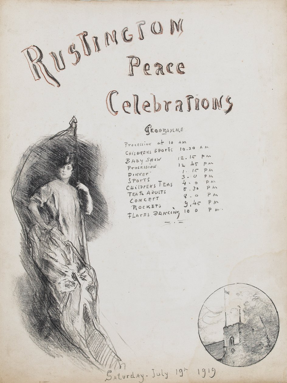 Celebrações da Paz, Rustington, 1919 (crayon litográfico com destaques sanguíneos) de Albert de Belleroche