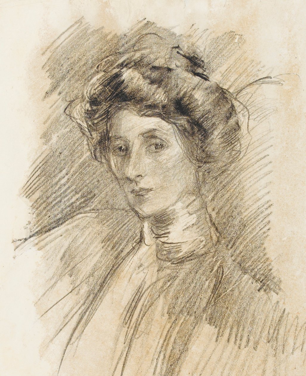 Retrato de uma mulher com gola alta, cabeça e ombros, c.1905 (crayon litográfico sobre papel de transferência) de Albert de Belleroche