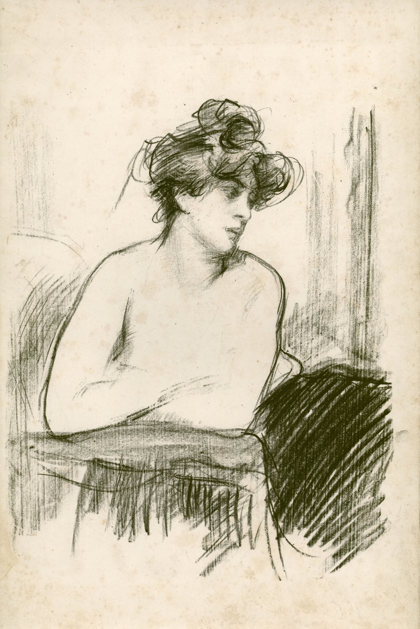 Nua sentada com os braços cruzados (lápis litográfico sobre papel de transferência) de Albert de Belleroche