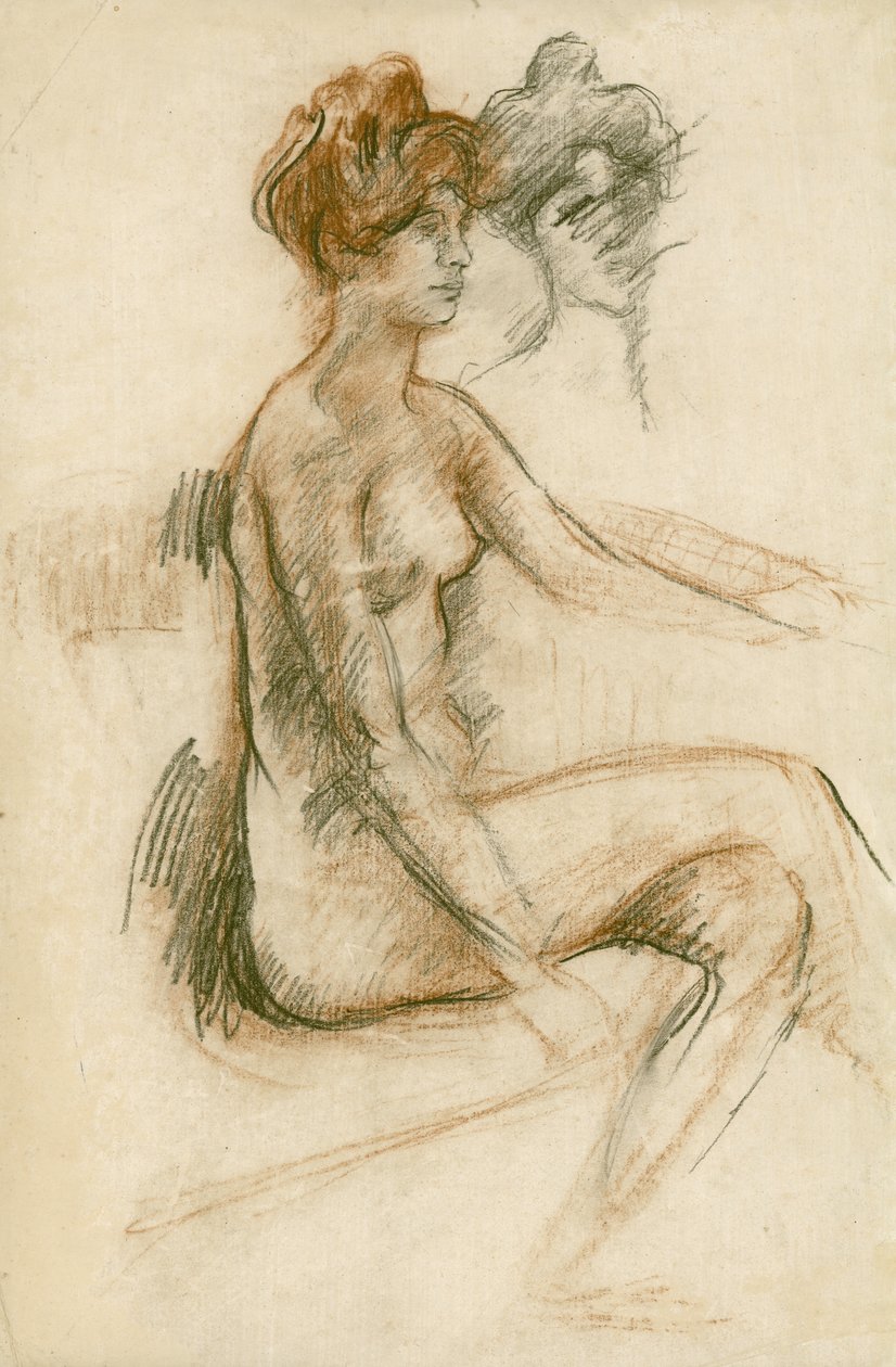 Estudo de um nu sentado, braço esquerdo erguido, c.1890 (lápis, carvão e giz marrom no papel) de Albert de Belleroche