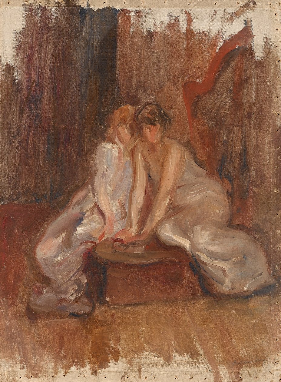 Duas mulheres sentadas por uma harpa - c.1900 de Albert de Belleroche