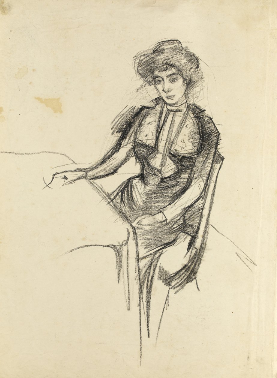 Mulher, sentada, tabela, c.1900, (black, chalk on paper) de Albert de Belleroche