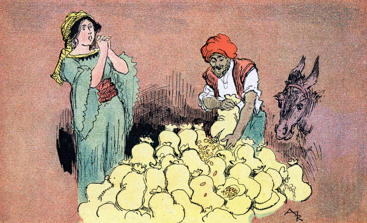 Ali Baba mostra os sacos de ouro à sua esposa Ilustração de Albert Robida para Ali Baba e os Quarenta Ladrões de 1945 Colecção Privada de Albert (after) Robida