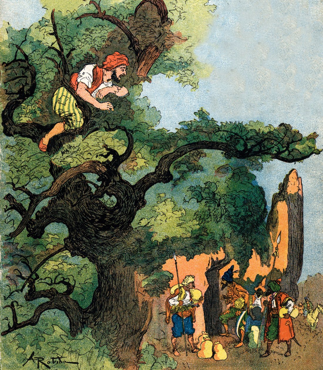 Ali baba ensaia um grupo de quarenta ladrões visitando a sua loja de tesouros Ilustração de Albert Robida para Ali Baba e a Colecção Privada Forty Thieves 1945 de Albert (after) Robida