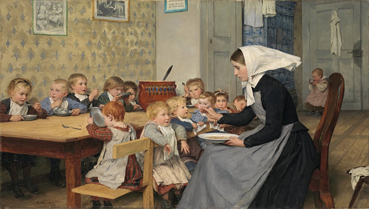 Na creche I, 1890. de Albert Anker