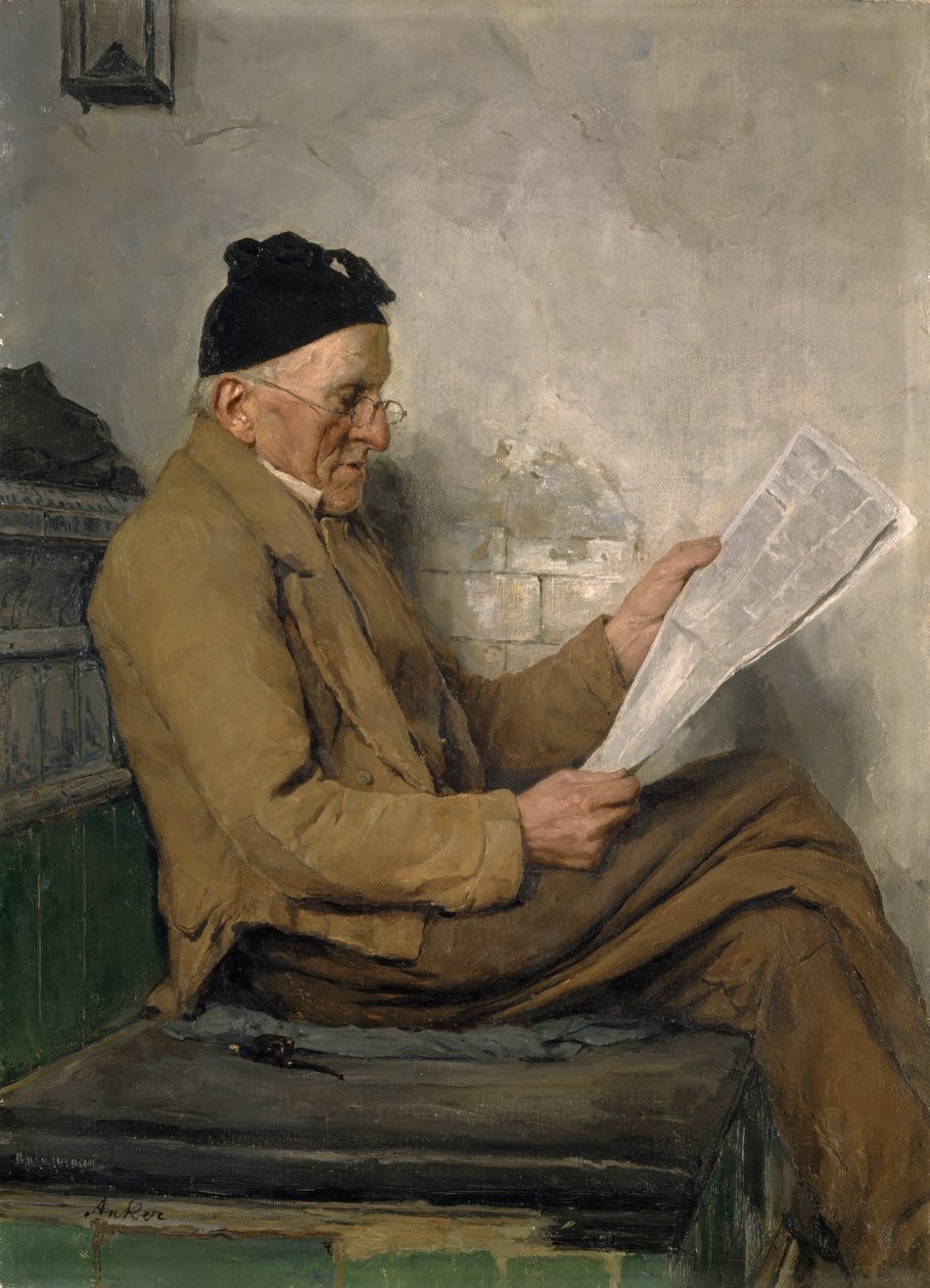 Agricultor lendo no banco de fogão de Albert Anker