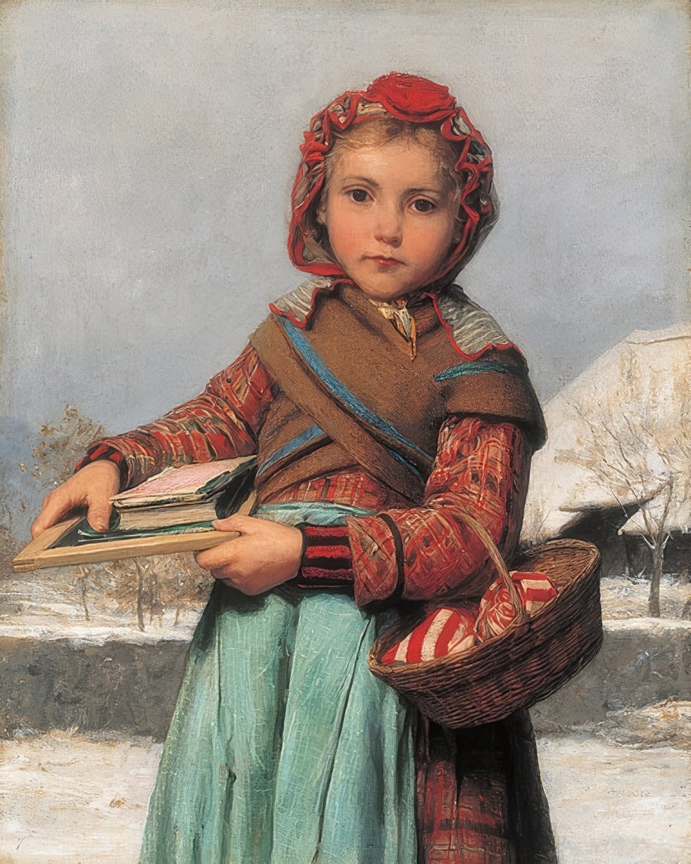 Colegial com ardósia e cesta de costura. 1878 de Albert Anker