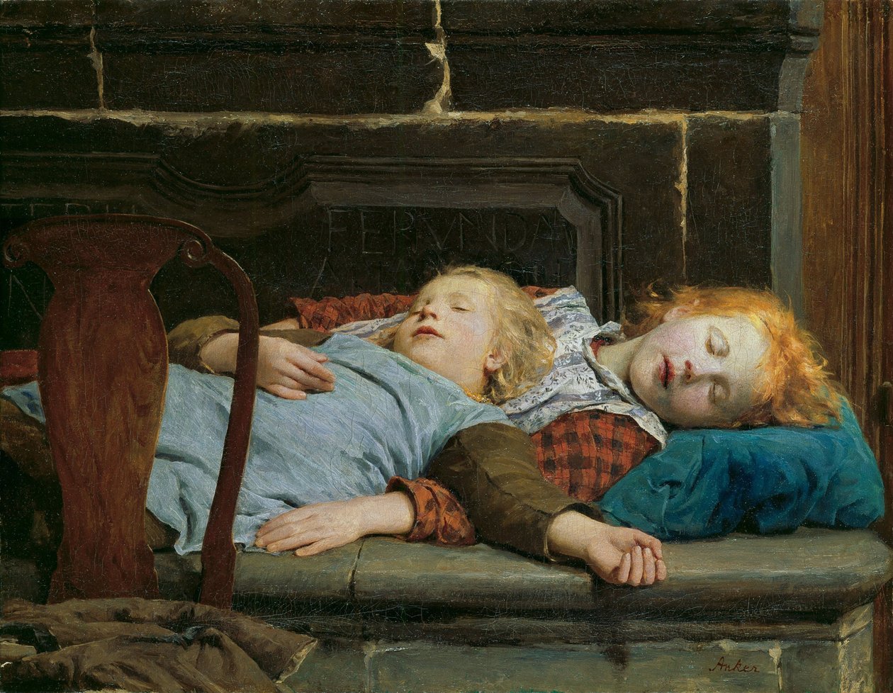 Duas meninas dormindo no banco do fogão por Anker, Albert (1831-1910). Óleo sobre tela de Albert Anker