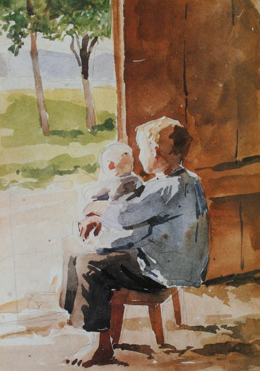 Rapaz com uma criança ao colo de Albert Anker