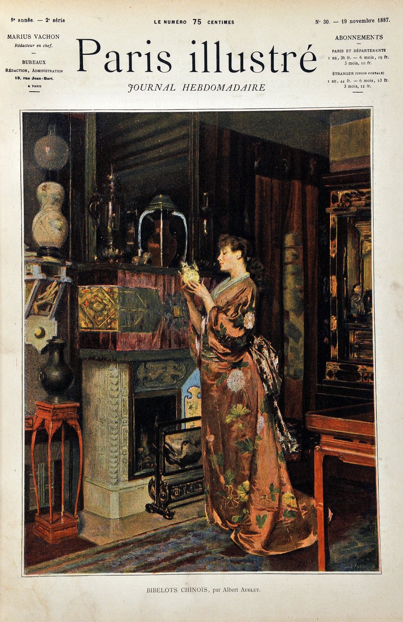 Chinês Trinkets Uma mulher europeia vestida de orientale observa a sua colecção de objectos chineses. Ilustração de Albert Aublet (1851-1938). Gravura de 1887 no "Paris-Illustrous journal weekly". de Albert Aublet