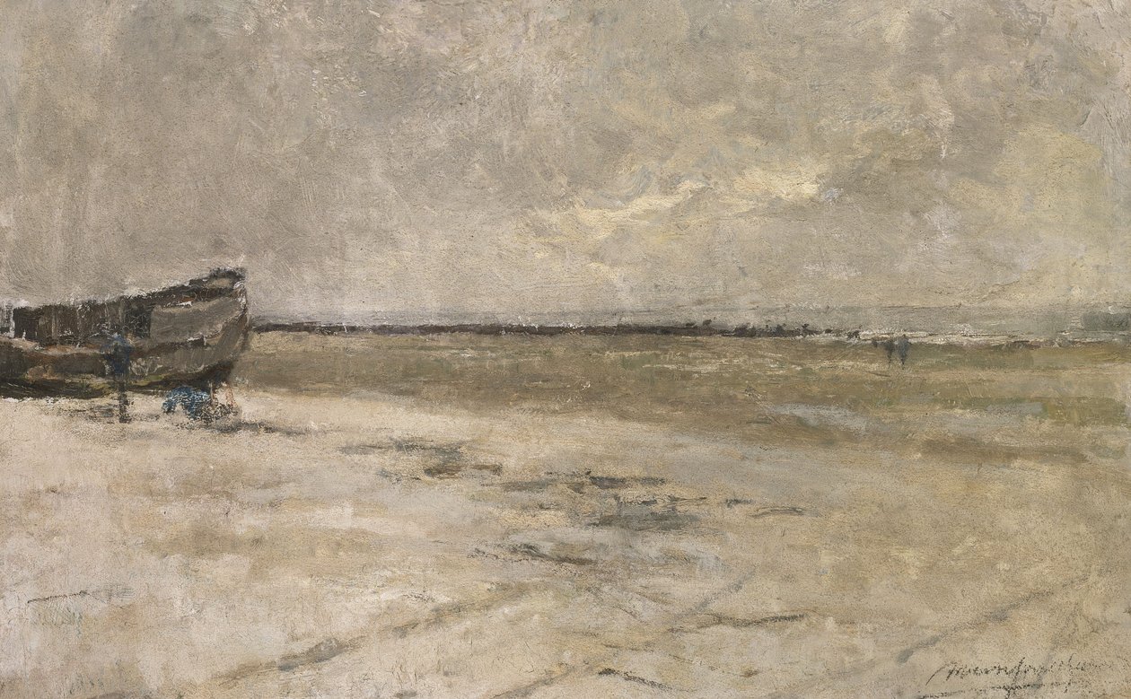 Praia, tempo cinzento, vista de praia em De Panne de Albert Baertsoen