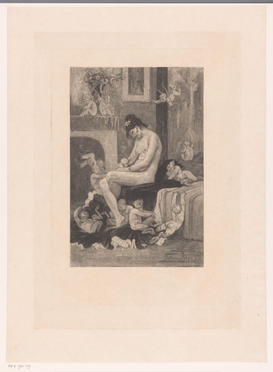 Mulher nua na beira de uma cama cercada por demônios em jogo La mero aux Satyrions de Albert Bertrand (attributed to)