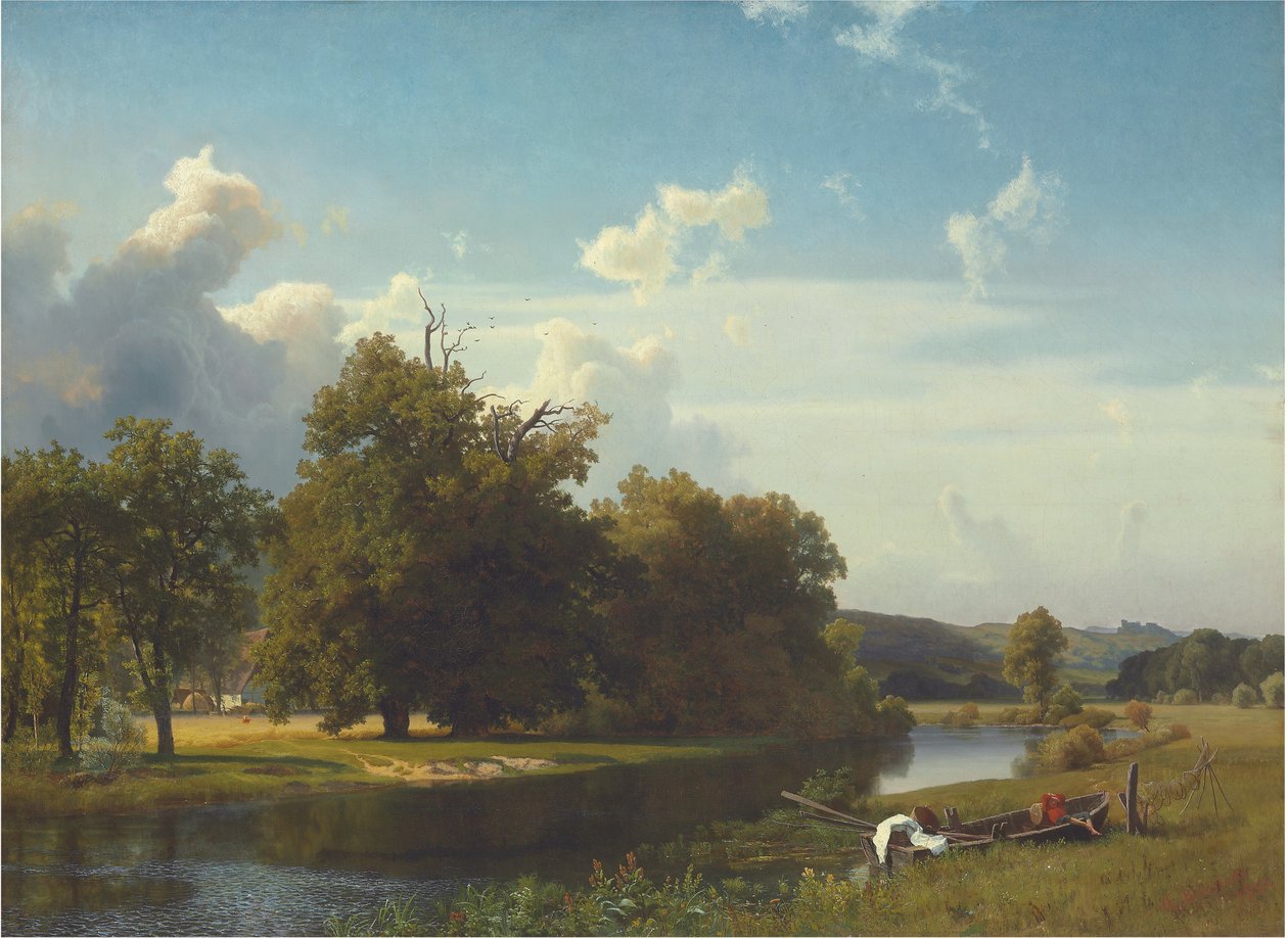 Uma paisagem do rio, Westphalia, 1855 de Albert Bierstadt