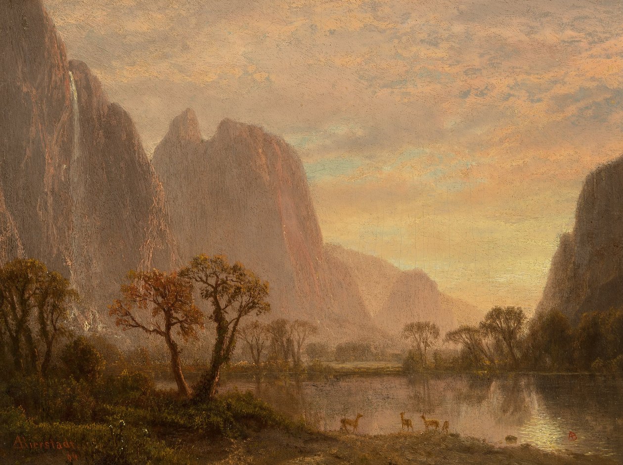 Sentinel Falls e Cathedral Peaks no Vale de Yosemite de Albert Bierstadt