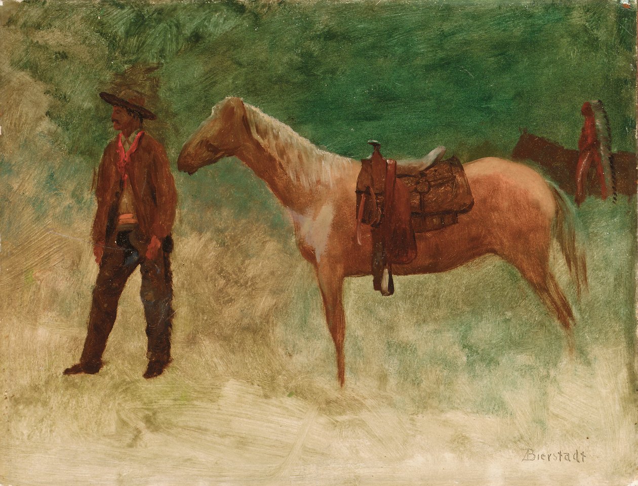 Cowboy em pé com cavalo de Albert Bierstadt