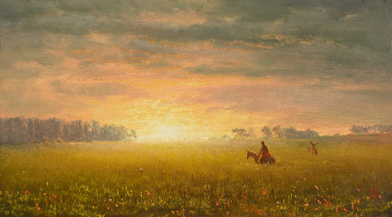 Pôr do sol nas pradarias, c.1861 (óleo sobre papel) de Albert Bierstadt