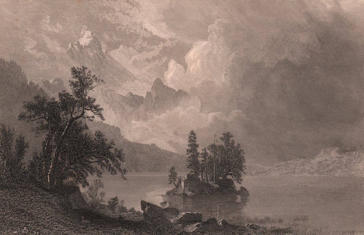 Vista do Lago Esther, Serra Nevada, Califórnia, Estados Unidos, gravura em metal aço de Robert Hinshelwood (1812-depois de 1875) após pintura de Albert Bierstadt (1830-1902), cerca de 19x14 cm de Albert Bierstadt