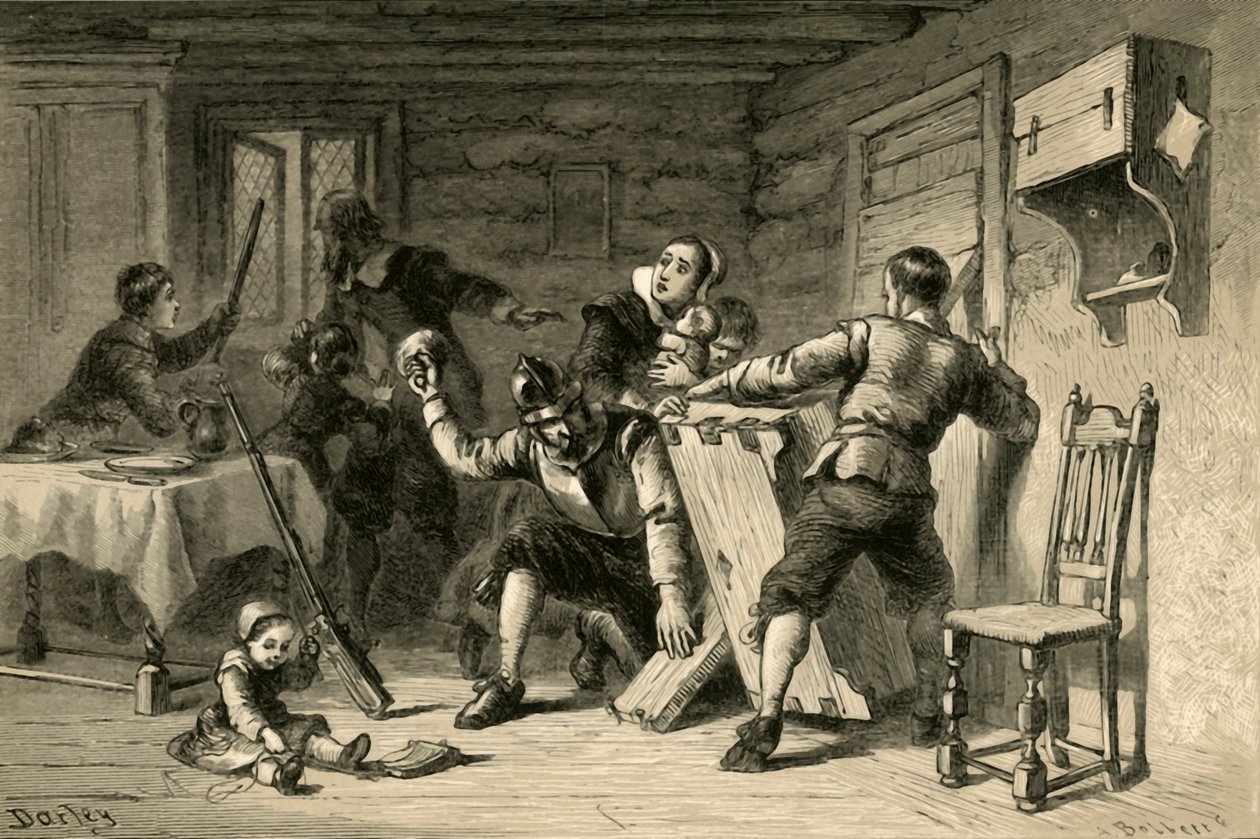 Puritanos barricando sua casa contra índios, 1877. de Albert Bobbett