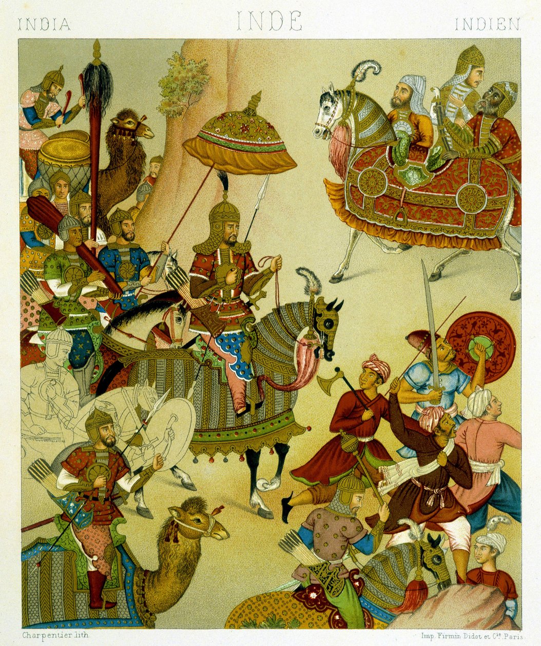 Fatos de guerra do século XVI na Índia. Placa cromolitográfica - em "Le costume historique" de Racinet de Albert Charles August Racinet