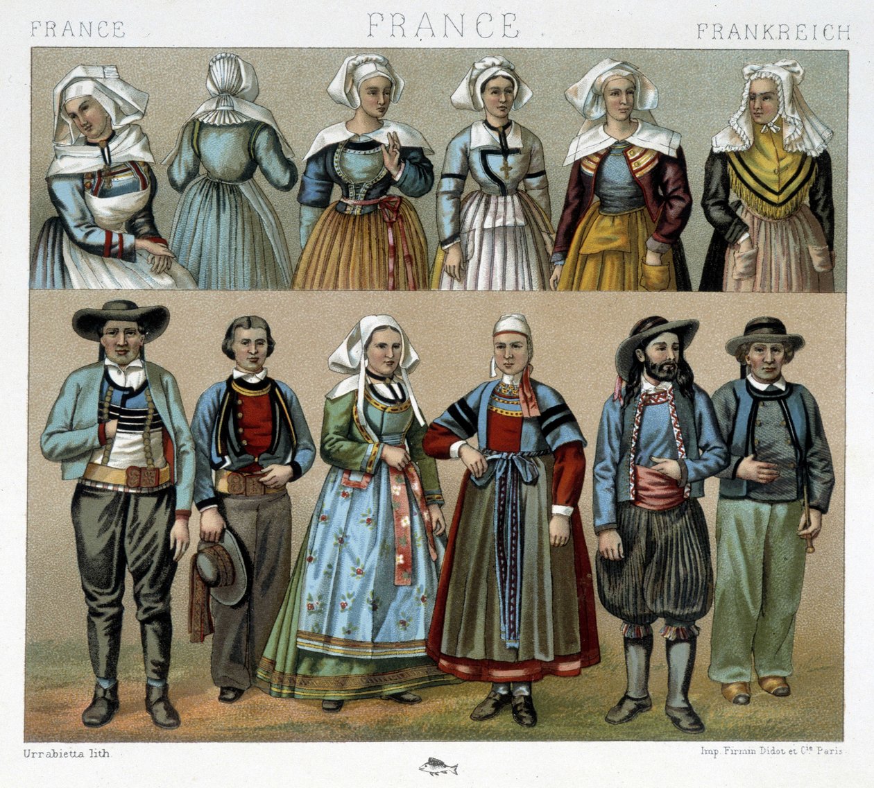 Fatos bretões do século XIX - em "Le costume ancien et historique" de Racinet de Albert Charles August Racinet