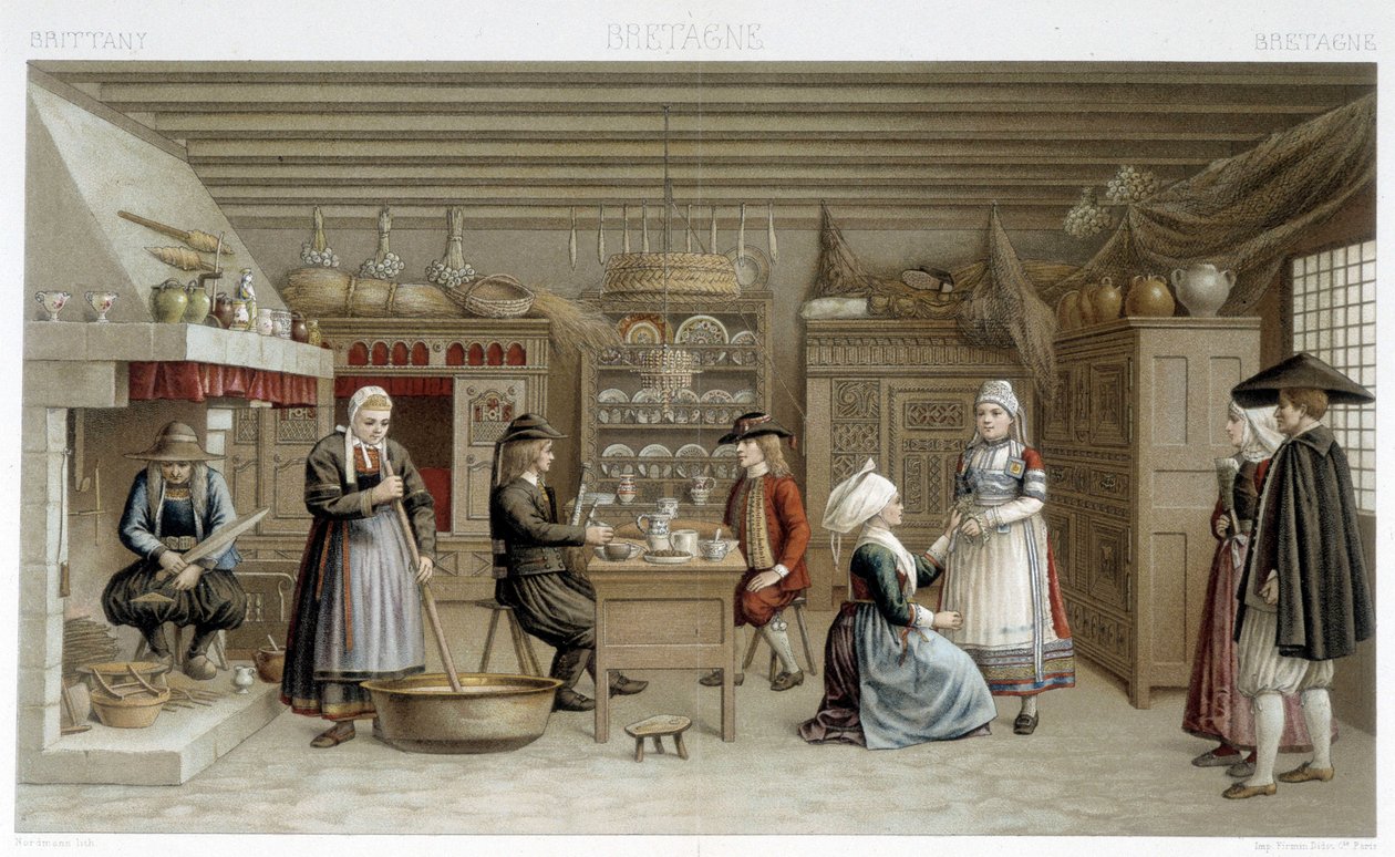 Fatos bretões e interiores do século XIX - em "Le costume ancien et historique" de Racinet de Albert Charles August Racinet