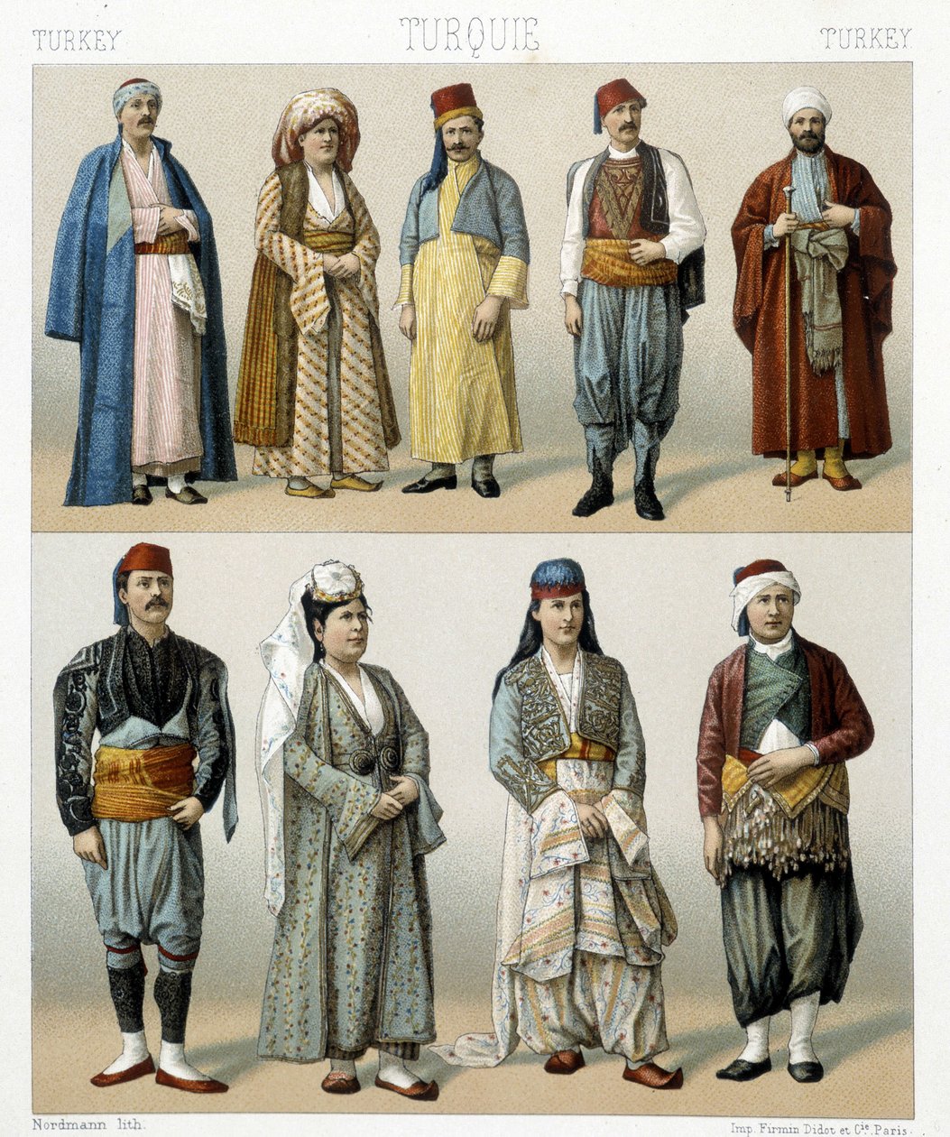 Fatos turcos do século XIX. Ilustração em "Le costume historique" de Racinet de Albert Charles August Racinet