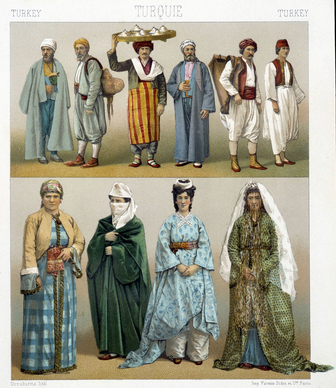 Fatos turcos do século XIX. Ilustração em "Le costume historique" de Racinet de Albert Charles August Racinet