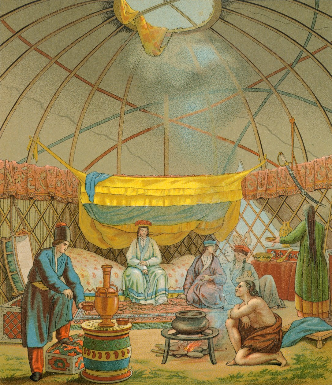 Um Kalmyk, uma Tenda Kalmuk, Ilustração de The Complete Costume History de Racinet Auguste de Albert Charles August Racinet