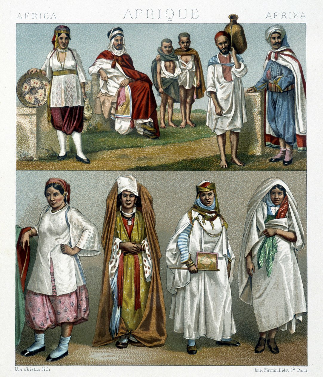 Barbaresque Costumes (África). Ilustração em "Le costume historique" de Racinet de Albert Charles August Racinet