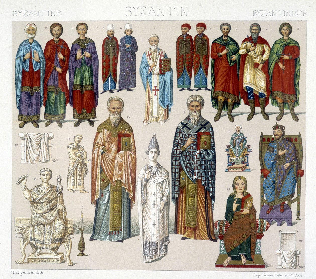 Fantasias Bizantinas. Ilustração em "O traje histórico" de Racinet de Albert Charles August Racinet