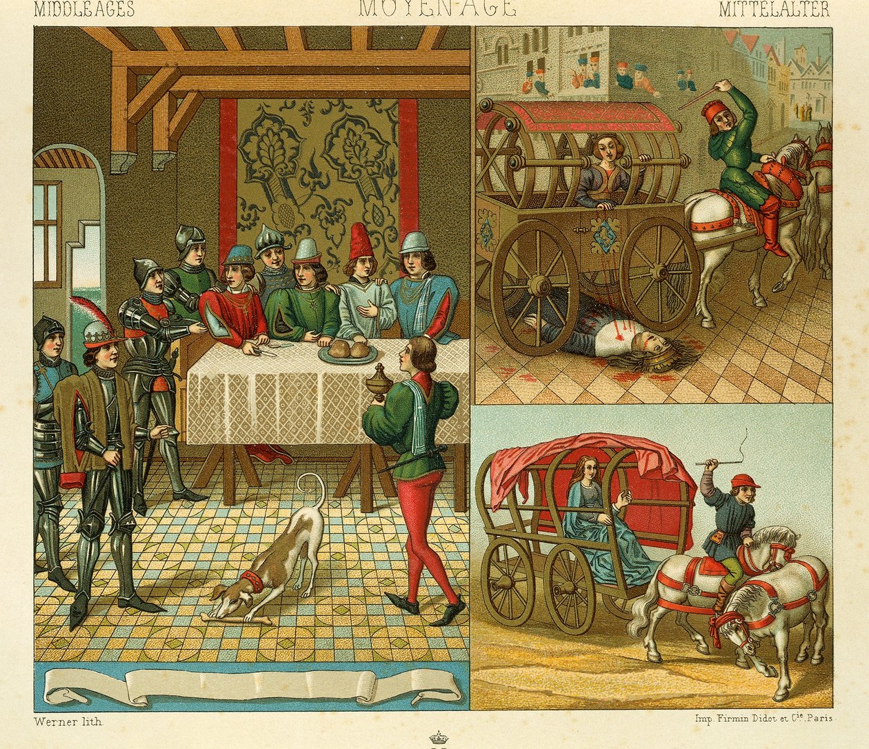 Vida do Castelo e Meios de Transporte no 14º, Ilustração de The Complete Costume History de Racinet Auguste de Albert Charles August Racinet