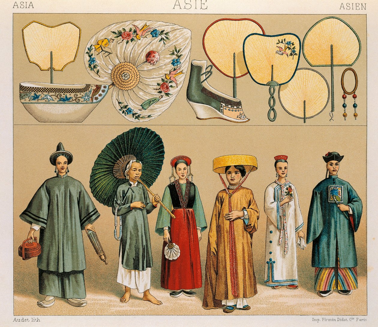 Roupas de Mulheres Chinesas e da Região de Tartary, Ilustração da História Completa do Traje por Auguste Racinet de Albert Charles August Racinet