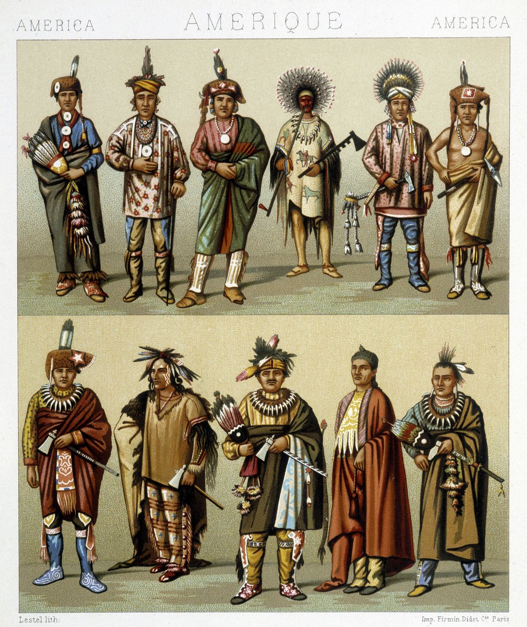 Traje dos Pinheiros Vermelhos. Ilustração em "Le costume historique" de Racinet de Albert Charles August Racinet