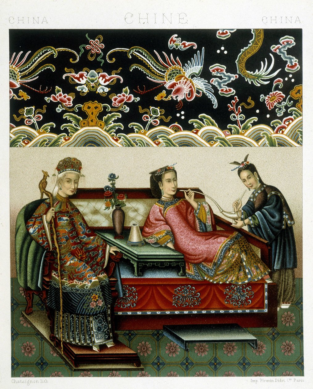 Roupa do Impressor Chinês. Placa cromolitográfica - em "Le costume historique" de Racinet de Albert Charles August Racinet