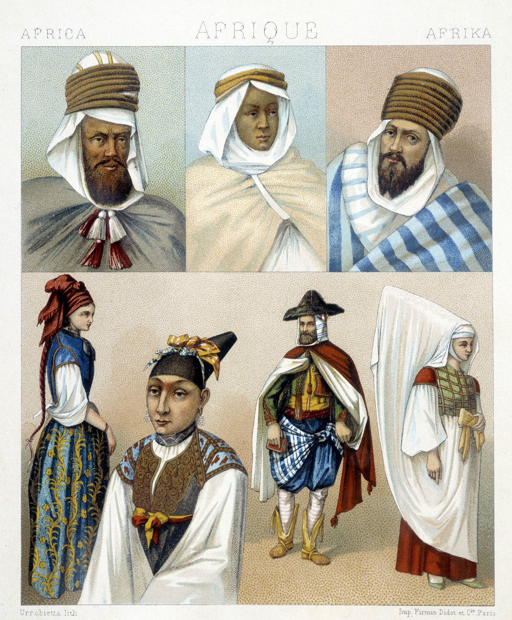 Fantasias e penteados da Argélia. Ilustração em "Le costume historique" de Racinet de Albert Charles August Racinet
