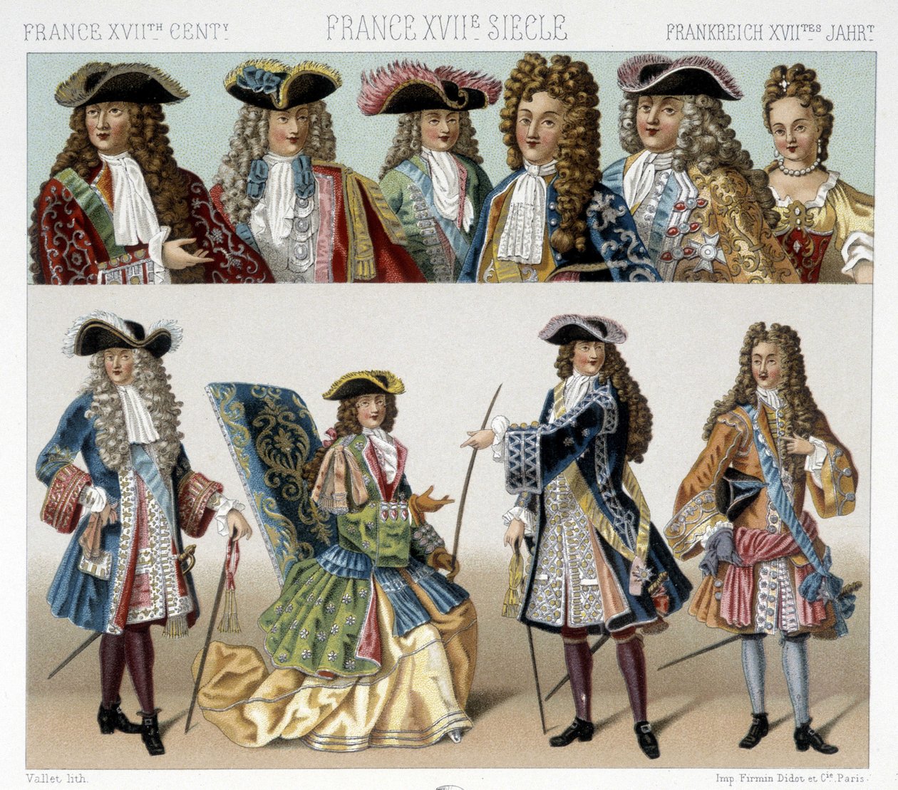 Fantasias e penteados da nobreza francesa no século XVIII. Ilustração em "Le costume historique" de Racinet de Albert Charles August Racinet