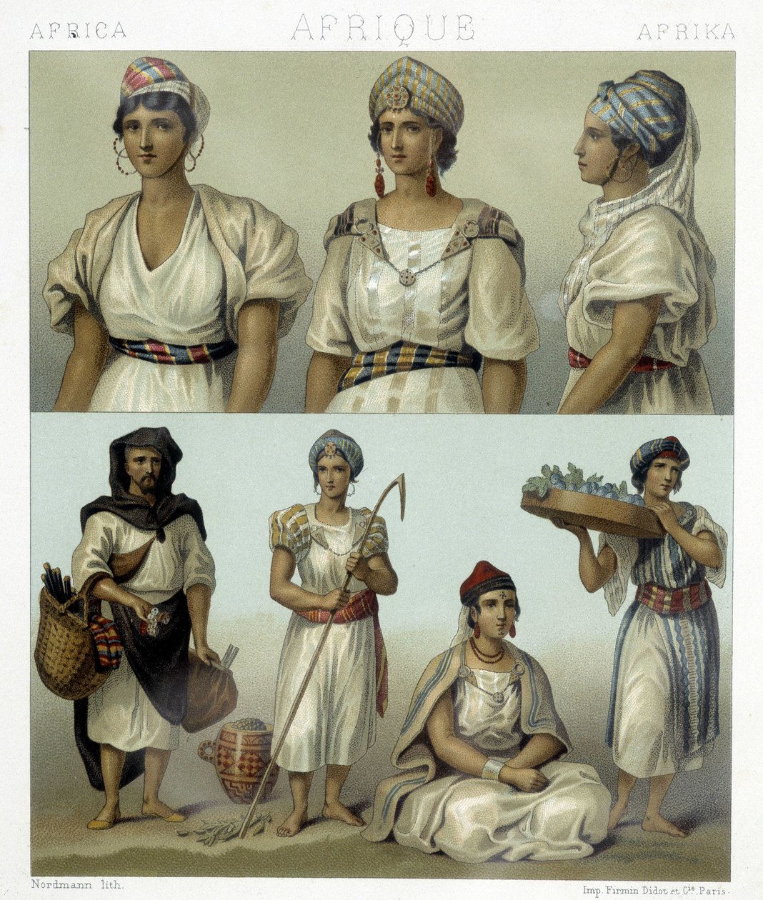 Fantasias e toucas das mulheres kabyl (topo). Roupas tunisinas e argelinas (em baixo). Ilustração em "Le figurino historique" de Racinet de Albert Charles August Racinet