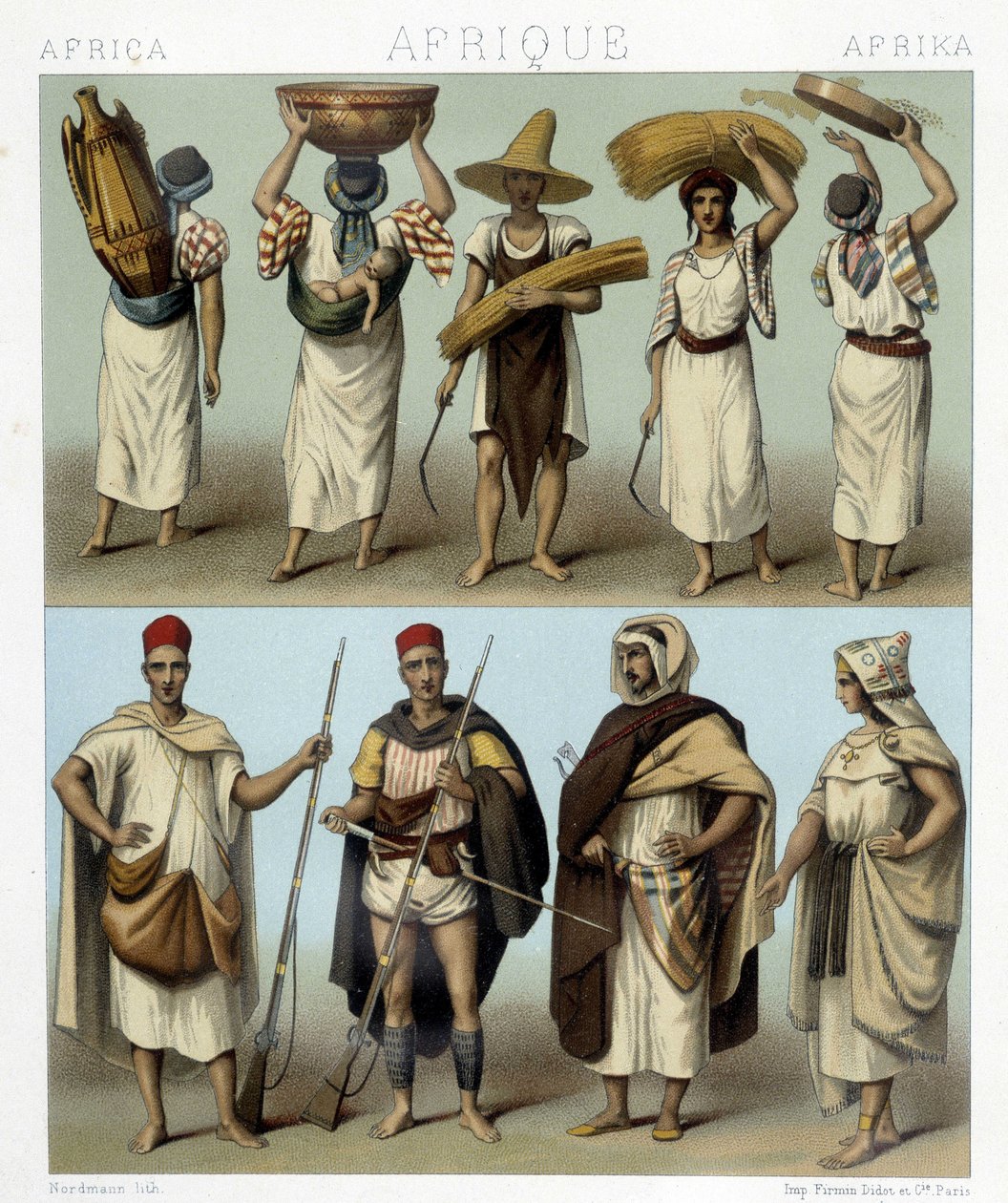 Fantasias da Argélia e da Tunísia. Ilustração em "Le costume historique" de Racinet de Albert Charles August Racinet