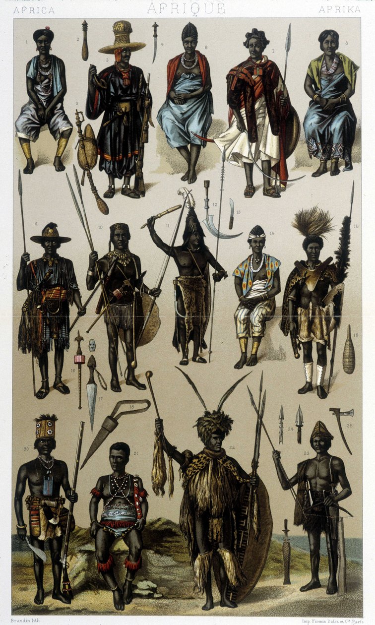 Fantasias da Guinee, Senegal e Gabão. Ilustração em "Le costume historique" de Racinet de Albert Charles August Racinet