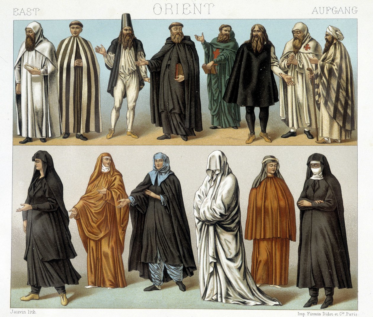 Fantasias de monges e religiosos no Oriente Médio no século XIX. Ilustração em "Le costume historique" de Racinet de Albert Charles August Racinet