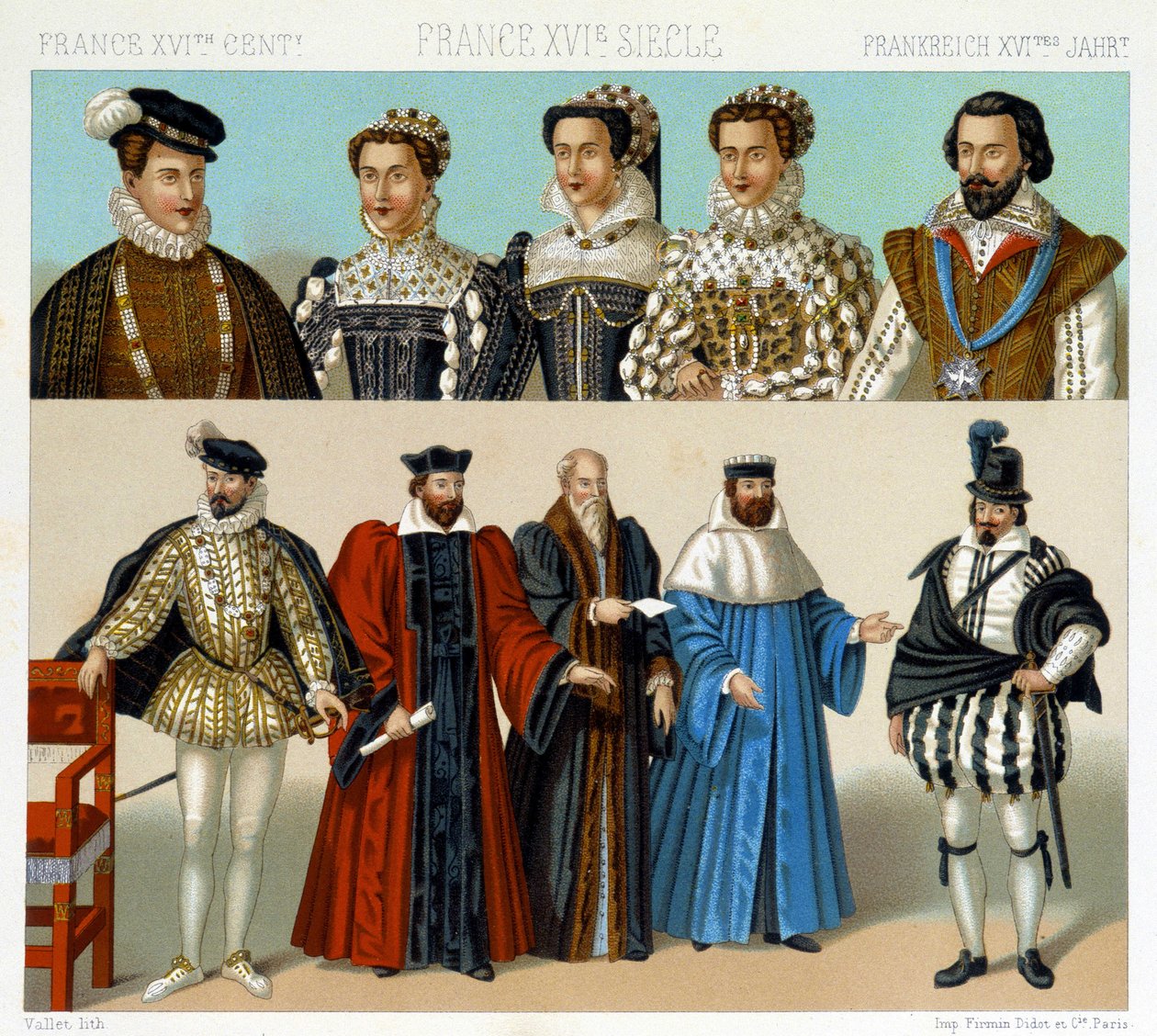 Fantasias de nobres e magistrados em França, no século XVII. Placa cromolitográfica - em "Le costume historique" de Racinet de Albert Charles August Racinet