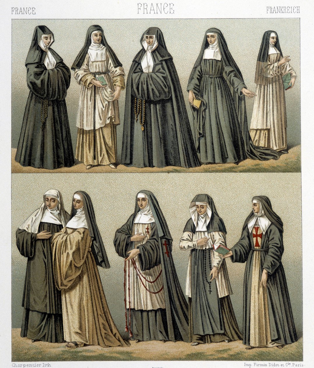 Fantasias de freiras em França no século XVIII. Ilustração em "Le costume historique" de Racinet de Albert Charles August Racinet