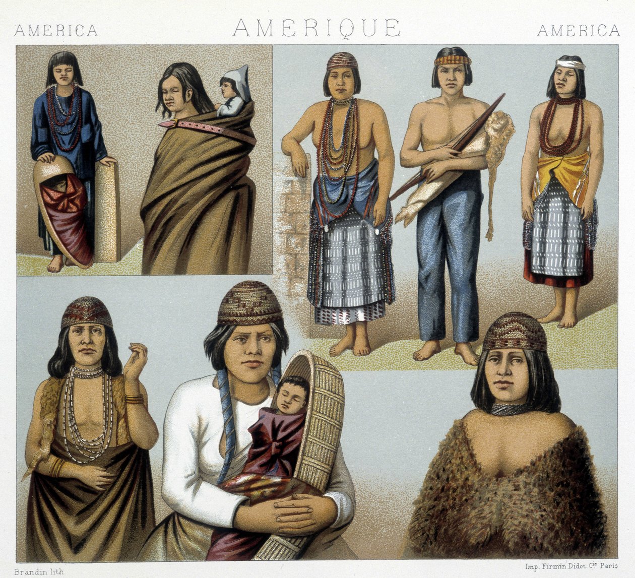 Fantasias dos índios da Califórnia. Ilustração em "O traje histórico" de Racinet de Albert Charles August Racinet