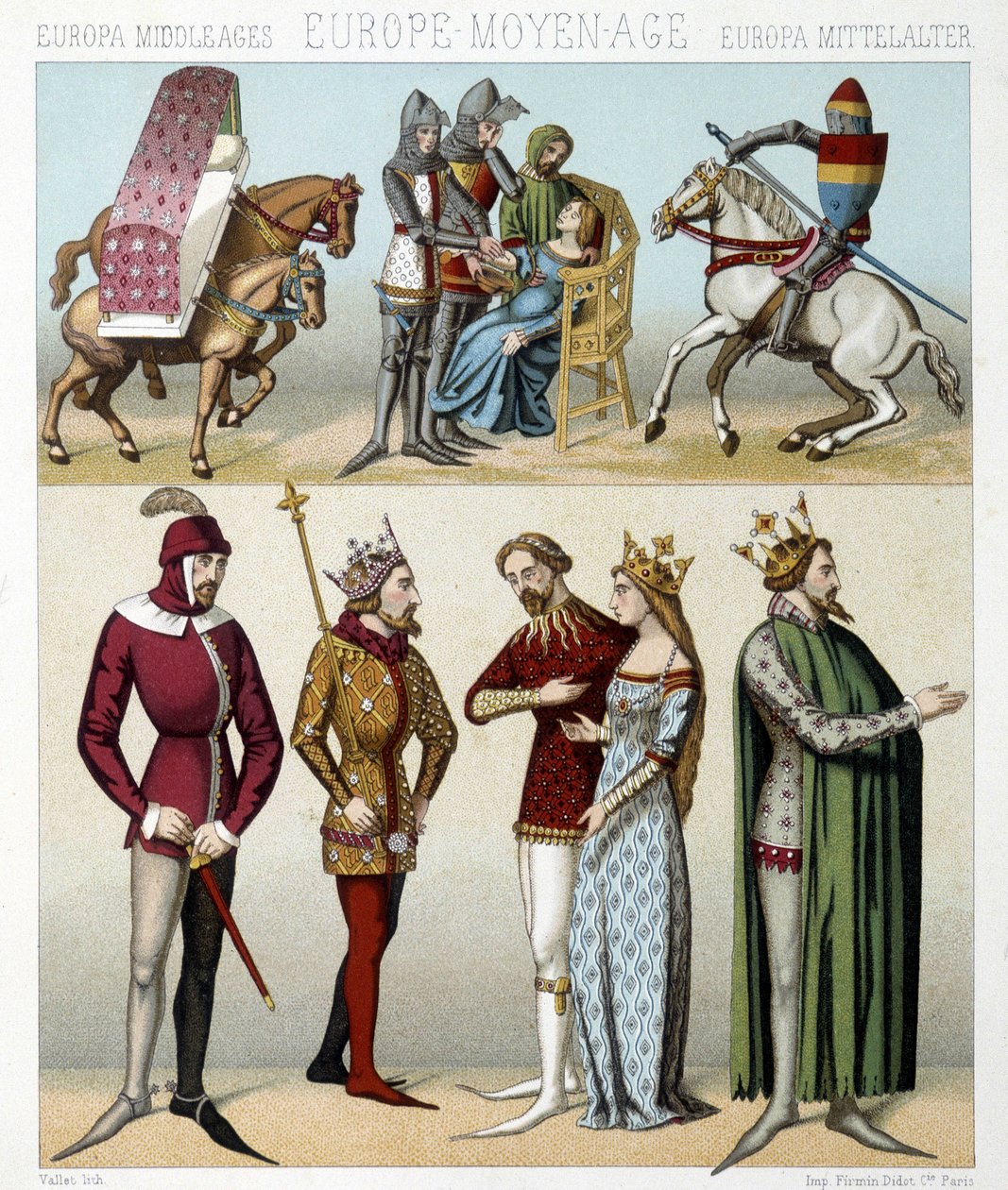 Fantasias da Idade Média em França. Ilustração em "Le costume historique" de Racinet de Albert Charles August Racinet