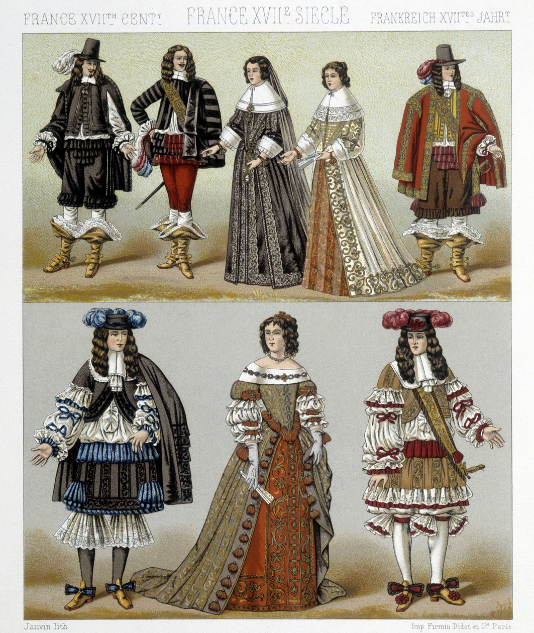 Fantasias da nobreza na França no século XVIII. Ilustração em "Le costume historique" de Racinet de Albert Charles August Racinet