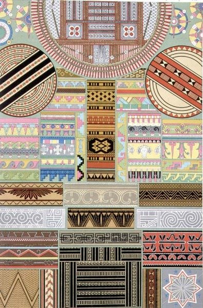 Decoração da Oceania e África Central, de "Polychrome Ornament", gravada por Dufour e F. Durin, pub. por Lemercier & C. de Albert Charles August Racinet