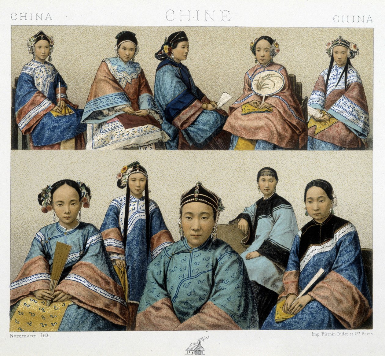 Diferentes tipos de mulheres na China - em "O traje histórico" de Racinet de Albert Charles August Racinet